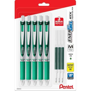 Imagem de Pentel Canetas de tinta gel líquido de 0,7 mm EnerGel – Pacote com 5 canetas verdes Deluxe RTX Energel com 3 recargas
