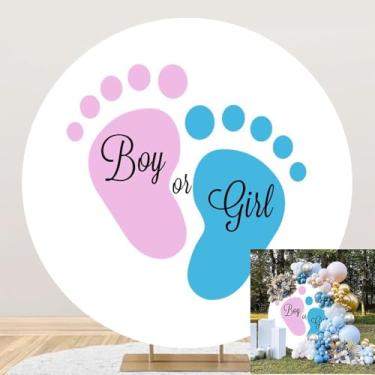 Imagem de TTQYFNM 2,1 x 2,1 m, capa de fundo redondo revelação de gênero de poliéster rosa azul pezinhos círculos fundo fotográfico para chá de bebê recém-nascido gravidez surpresa decoração de festa adereços