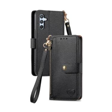 Imagem de HJZSZX Para Samsung A25 Cordão Couro Zíper Carteira Capa Flip Capa de Telefone (Para Samsung A25/preto)