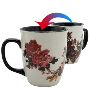 Imagem de Caneca de café de porcelana mágica que muda de calor Asmwo para presentes para mamães Caneca de chá engraçada 473 g preta muda em pintura de peônia multicolorida