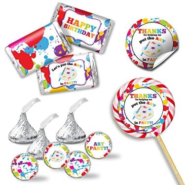Imagem de Kit de adesivos de festa de aniversário de arte e pintura - 429 peças!! Inclui 60 adesivos circulares de 5 cm para lembrancinhas e sacolas de brindes, 45 mini embalagens de barra de doces e 324