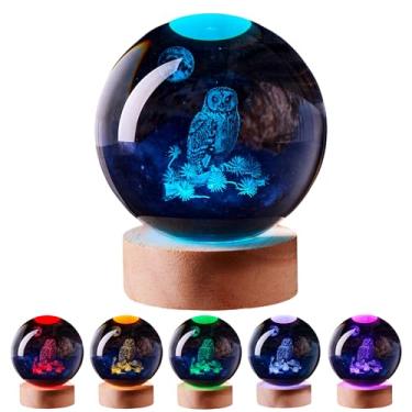 Imagem de Luz noturna de bola de cristal de coruja grande 3D com base de madeira, lâmpada de cristal de corujas presente para crianças, esposa e amigos, mudança de cor com controle remoto, lâmpada de esfera de