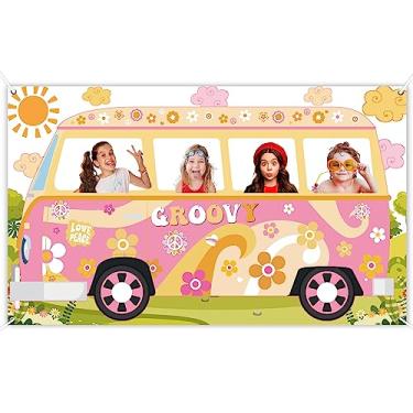 Imagem de Hippie Bus Photo Prop Groovy Party Decorações Grande Tecido Groovy Van Prop Hippie Selfie Frame Pano de Fundo Banner de Festa de Aniversário Suprimentos de Festa Retro Margarida 60s 70 Lembranças de Festa 65,8 x 35,4 polegadas