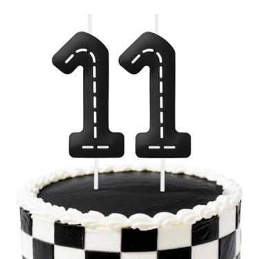 Imagem de Velas pretas e brancas de aniversário de 11 anos, decoração de bolo de aniversário para festas temáticas de carros de corrida, velas de aniversário listradas para meninos e meninas suprimentos de
