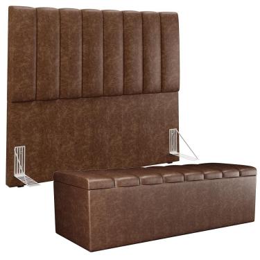 Imagem de Kit Cabeceira Cama Box Casal com Calçadeira Recamier Baú Dália W01 140cm Estofado Couro...