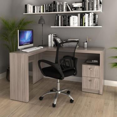 Imagem de Kit Escrivaninha Em L 2 Gavetas Me4129 E Cadeira De Escritório Diretor Tela Mesh Tok 3310 Carvalho/preto