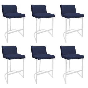 Imagem de Kit 06 Banquetas Com Encosto Confort Bistrô Cozinha Ferro Branco Corino Azul Marinho Amey Decor