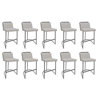 Imagem de Kit 10 Banquetas Com Encosto Nynna Luxo Confort Bistrô Cozinha Ferro Cinza Linho Bege - Amey Decor