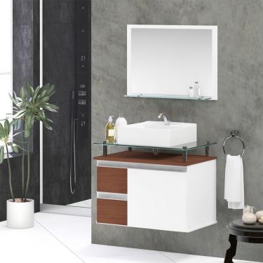 Imagem de Conjunto Gabinete Banheiro 2 Gavetas 1 Porta 60cm Com Espelheira Diamante - Natura - Marrom