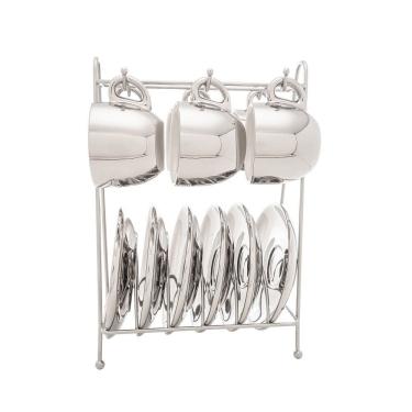 Imagem de Conjunto 6 Xícaras De Café Com Pires De Porcelana E Suporte Versa Branco-prata 90ml - Wolff