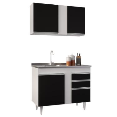 Imagem de Armário Aéreo Indiana E Balcão Gabinete 100cm Com Pia Inox Luziania Branco-preto - Lumil