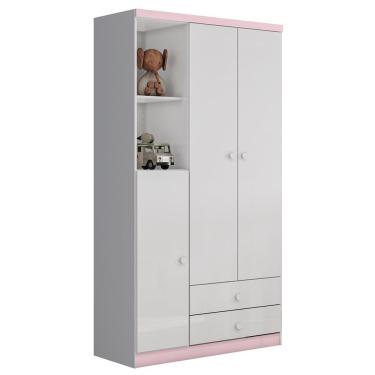 Imagem de Guarda Roupa Infantil Bala De Menta 3 Portas E 2 Gavetas Flex Branco-rosa Chá - Móveis Henn Branco-rosa Chá