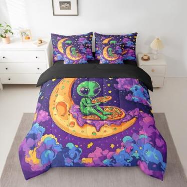Imagem de Feelyou Jogo de cama casal com tema alienígena do espaço, 7 peças, edredom de desenho animado com tema alienígena fofo em uma bolsa com edredom, lençóis, fronhas e capas de almofada