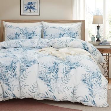 Imagem de Cozaline Capa de edredom 100% algodão Queen Size 3 peças, capa de edredom de folha azul com fecho de zíper, jogo de cama floral macio branco e azul para todas as estações, respirável, ultramacio