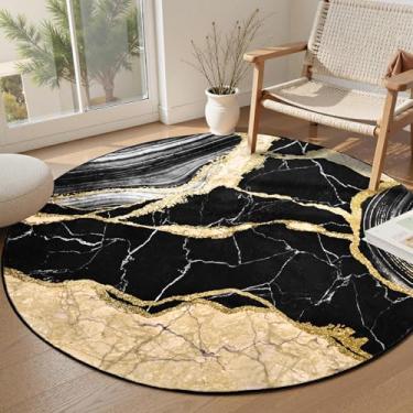 Imagem de ASPMIZ Tapete redondo preto e dourado de 1,2 m lavável para sala de estar, tapetes de mármore de lã sintética antiderrapante, tapete macio moderno de baixo perfil para sala de jantar, decoração de