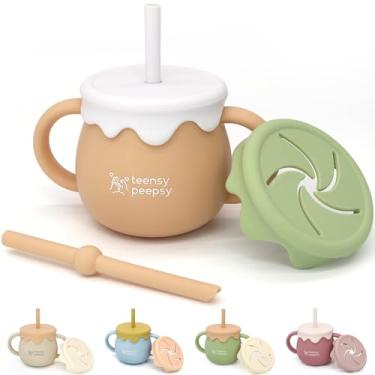 Imagem de teensy peepsy Pote de mel 3 em 1 copo de silicone para treinamento de 241 g, copo unissex com canudo e tampa de lanche para 6 meses + copo aberto resistente à quebra para bebidas de smoothie infantil