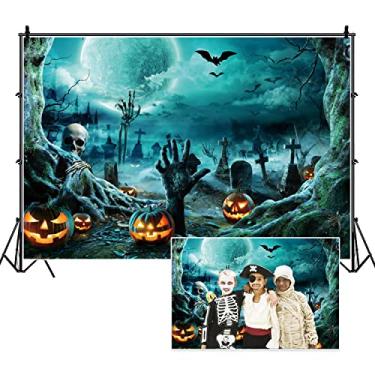Imagem de DORCEV Cenários de Halloween de 3 x 2,4 m para fotografia de terror, decoração de festa de Halloween, lua cheia, noite, cemitério, mãos assustadoras, morcegos, abóboras, adultos, crianças, retrato