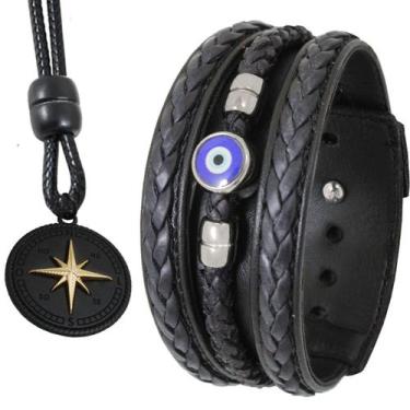 Imagem de Kit Pulseira Ajustável Couro Preto Masculino Proteção Olho Grego e Col