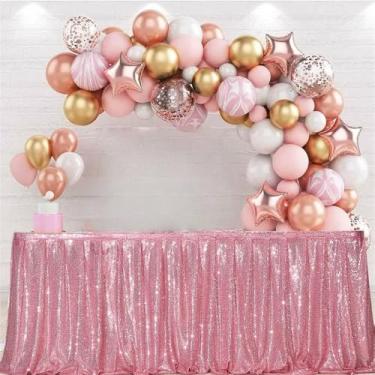 Imagem de Saia de mesa com lantejoulas Spakly Drapeada para festa de aniversário, chá de bebê, mesa de sobremesas, mesa de bolo de casamento, recepção, exposição, rosa fúcsia, 9 pés 275 x 76 cm