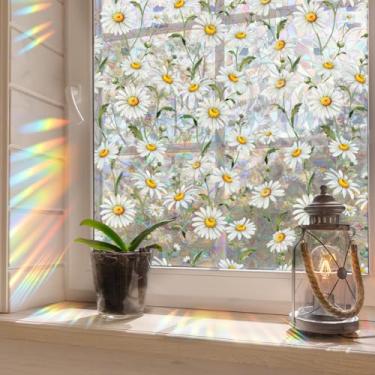 Imagem de Runtoo Película de privacidade para janela arco-íris boho margarida floral adesivos de janela 3D decorativos vinil vitral flores decalques adesivo estático não adesivo, 40 x 101 cm