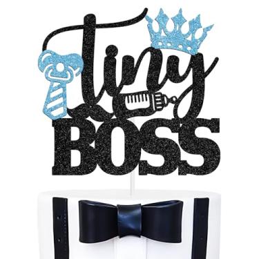 Imagem de Tiny Boss Cake Topper, Welcome Baby/Oh Baby, Gender Reveal First Birthday Baby Shower Party Decorations Supplies for Boys, Black and Blue Glitter