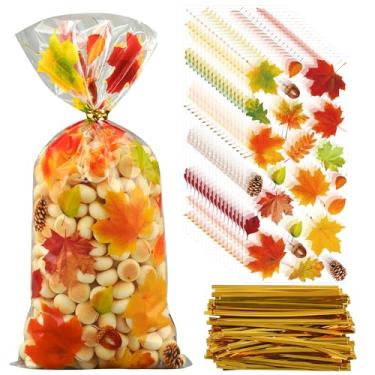 Imagem de 120 unidades de sacos de guloseimas de celofane de outono com folhas de bordo, sacos de doces transparentes para presente de Ação de Graças, saco de plástico para lembrancinhas de festa de outono com