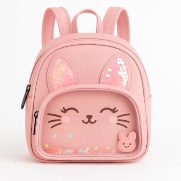 Imagem de Mochila Infantil Gatinha com Lantejoulas, Bolso Transparente e Detalhe