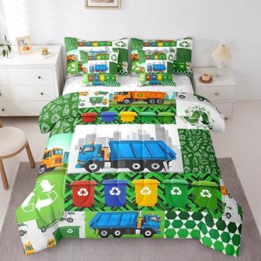 Imagem de Jogo de cama solteiro com desenho de caminhão de lixo, 7 peças, decoração de quarto, verde, azul, edredom com edredom, plano, lençol de elástico, fronhas, fronhas