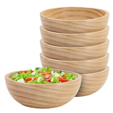 Imagem de Elama Conjunto de 6 tigelas de madeira de pinheiro de 17 cm - marrom escuro, tigelas de salada de madeira natural para servir, misturar, frutas, lanche - Utensílios de mesa rústicos de cozinha e