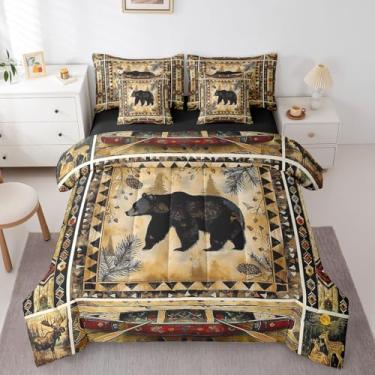 Imagem de Feelyou Conjunto Queen de cama de urso rústico para meninos e meninas, cama rústica com ursos de cabana em uma bolsa, 7 peças, conjunto de edredom asteca com lençóis, decoração de quarto de crianças e