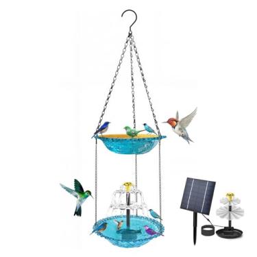Imagem de Banheira suspensa para pássaros com fonte solar, banho solar para pássaros, 23,5 cm x 70 cm A banheiras de pássaros suspensos de camada dupla para ambientes externos, jardim, beija-flor (azul)
