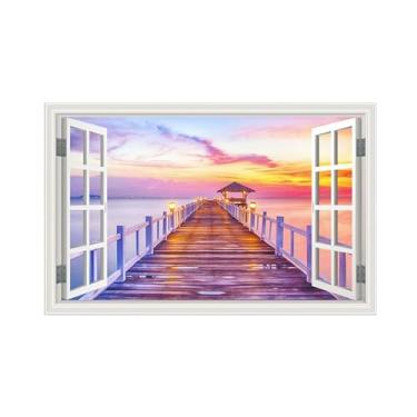 Imagem de Impressões em tela paisagens-Arte parede janela falsa-Pôr sol na ponte marítima-Natureza Pintura Decoração Banheiro 30x50cm Sem Moldura