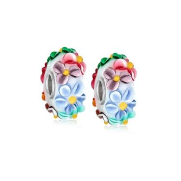Imagem de Conjunto de duas lâmpadas de vidro de murano 3D multicores branco rosa azul verde flor berloque contas para mulheres adolescentes serve pulseira europeia núcleo de prata esterlina 925