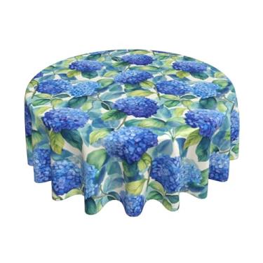 Imagem de Toalha de mesa redonda com folhas de hortênsia azul e verde, 152 cm, rústica, para casa de fazenda, toalha de mesa lavável para casa, festa, férias, cozinha, decoração de jantar