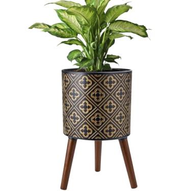 Imagem de nacltlo Vaso de 25 cm com suporte, vaso para plantas de interior, vaso de flores grande moderno com orifícios de drenagem para uso externo, preto e dourado