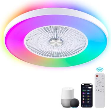 Imagem de HUMHOLD Ventiladores de teto sem lâmina de 61 cm com luzes e controle remoto/aplicativo/voz, ventilador de teto de baixo perfil com luzes RGB, ventilador de teto embutido embutido para quarto/sala de