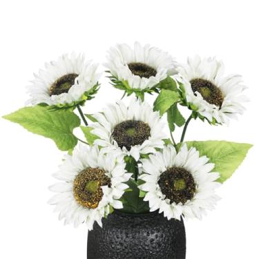 Imagem de Olrla Girassol artificial de haste longa, 6 peças, flores brancas falsas do sol, haste única para mesa central, arranjo DIY, decoração de casa de campo vintage (sem vaso)