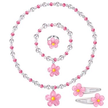 Imagem de BGSHEMNI Conjunto de joias de flores para meninas - Conjunto de 5 peças de brinquedo de fantasia de plástico com colar de contas, anel de pulseira e clipes de cabelo - Acessórios para brincar
