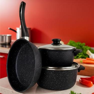 Imagem de JOGO DE PANELAS ANTIADERENTE 5 PEÇAS – PANELA, CAÇAROLA E FRIGIDEIRA COM TAMPA DE VIDRO, ALUMÍNIO COM REVESTIMENTO CERÂMICO, COMPATÍVEL COM FOGÕES A GÁS, ELÉTRICOS E VITROCERÂMICOS - PRETO