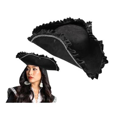 Imagem de Nicky Bigs Novelties Chapéu de pirata tricorniano de luxo Tricorn, boné bucaneiro, acessório de fantasia de Halloween, preto sólido, tamanho único