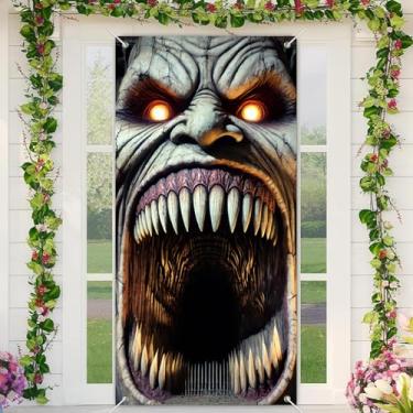 Imagem de BlissYard Pôster de parede Monster Mouth Halloween Door Banner 89 x 189 cm rosto gritando gigante terror com olhos brilhantes e dentes afiados para casa assombrada ao ar livre exibição de doces ou