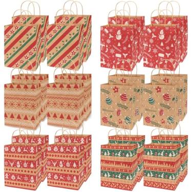 Imagem de Sacos de presente de Natal Kraft 24 pacotes de estilos sortidos, sacos de papel pequenos de Natal com alças, sacolas de presente de Natal com estampas de Natal para embrulho de presente de Natal,