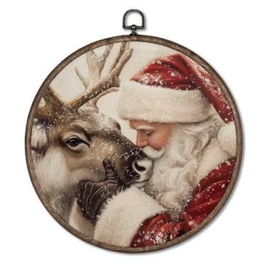 Imagem de Giosve Pôster de arte de parede redondo de rena de Papai Noel de Natal de inverno, vintage rústico de Natal com rena de Papai Noel, esculturas de parede para decoração de sala de estar, 25 x 25 cm