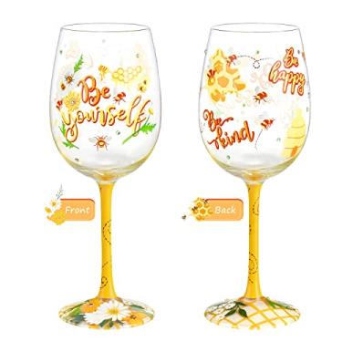 Imagem de NymphFable Taça de vinho de aposentadoria pintada à mão presente personalizado para amigos familiares 425 g (Yellow-Bee Yourself)