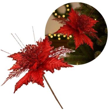 Imagem de Pick Natalino Flor Bico de Papagaio Vermelho Borda Glitter Luxo 25cm x 16cm