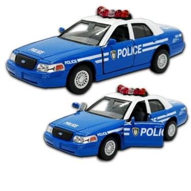 Imagem de Miniatura de carro da Polícia Americana Ford Crown Victoria Police Interceptor, carrinho de ferro, rodinhas de borracha com Fricção, em metal, 12 CM, Kinsmart (Azul)