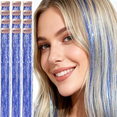 Imagem de CelineBella Presilha de cabelo azul para meninas 61 cm, 80 fios/peças para presente de festival de festa (pacote com 12 peças, safira azul)