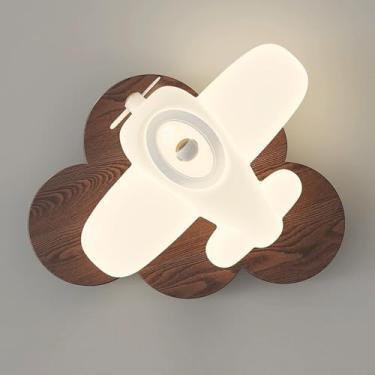 Imagem de Luminária de parede LED com desenho animado branco, luminária de parede nórdica de madeira de nogueira, abajur de PE, 24 W, arandelas de parede para quarto infantil, cabeceira, sala de estar