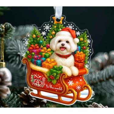 Imagem de Enfeite de Natal maltês acrílico - filhote de cachorro maltês em trenó de Papai Noel - animal de estimação fofo - árvore de Natal - presente para amantes de cães