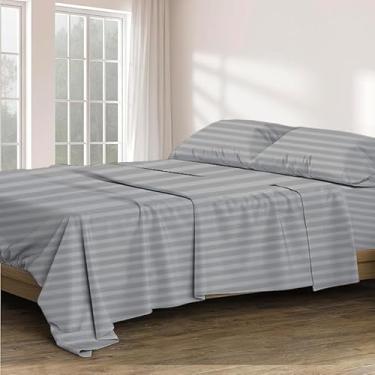 Imagem de Conjunto de lençóis de cama 4 peças King Size 100% algodão egípcio 800 fios 38 cm bolso profundo qualidade hotel premium macio e macio luxuoso macio - listras prateadas